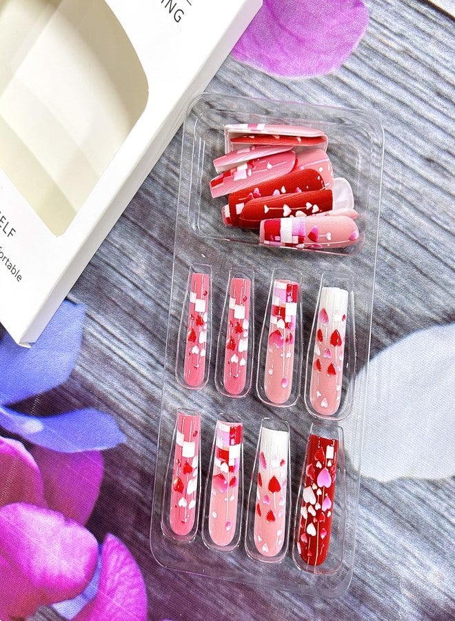 CJDLTS Valentine's Press on Nails Long Length Valentine's Acrylic Nails 3D Pink Red Love Heart Design Full Cover Glue on Nails Glossy False Nails Valentines Stick on Nails for Women Holiday Nails - Image 5